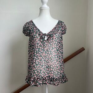 MNG Fairycore Dark Romance Sheer Blouse Babydoll Top Ruffle Cap Sleeves Floral L